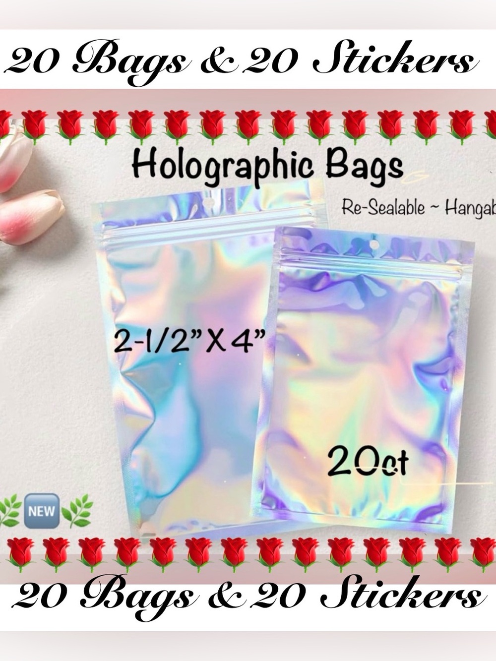 Holographic Re-Sealable Bags 2-1/2x4” 20ct~NEW~W/20ct Free Thank you stickers